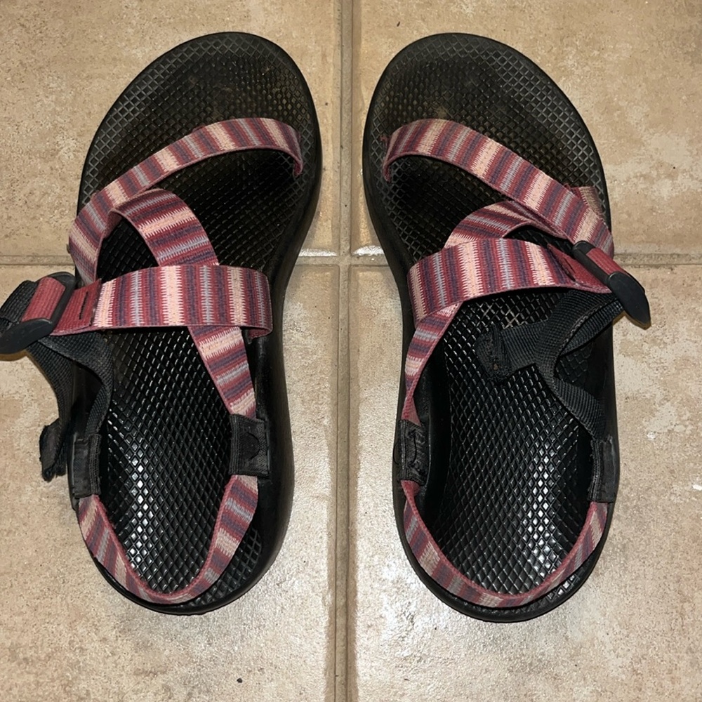 Chaco men’s (unisex)9M 10.5W Resoled-tread worn see pic -pink purple blue.